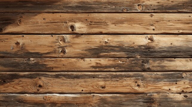 Close-up of weathered, horizontal wooden planks, showing knots and variations in brown and tan tones