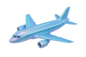 Iridescent 3d airplane flying, symbolizing futuristic travel, global connectivity, and modern transportation on transparent background