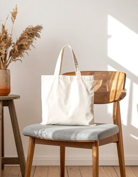 Elegant Canvas Tote Bag on Chair with Dried Floral Arrangement.