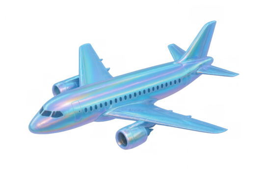 Iridescent 3d airplane flying, symbolizing futuristic travel, global connectivity, and modern transportation on transparent background