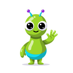 Obraz premium Friendly green alien waving hello with a smile.