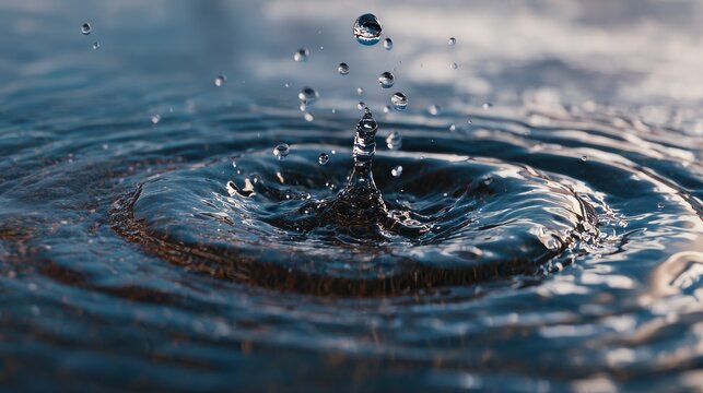 A macro shot captures water droplets falling into a still surface, creating ripples and splashes under a diffused sky