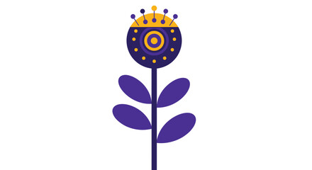 A stylized purple and yellow flower with an abstract, geometric design, featuring concentric circles and dotted details on its crown and petals, on a stem with leaves.