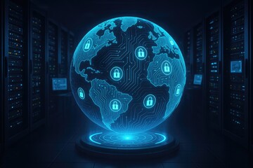 Digital earth with lock icons in a futuristic server room, global security data protection, cybersecurity network