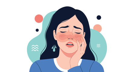 Fototapeta premium A distressed young woman clutches her cheek, experiencing severe facial pain or toothache, with noticeable redness on her face, symbolizing discomfort and illness.