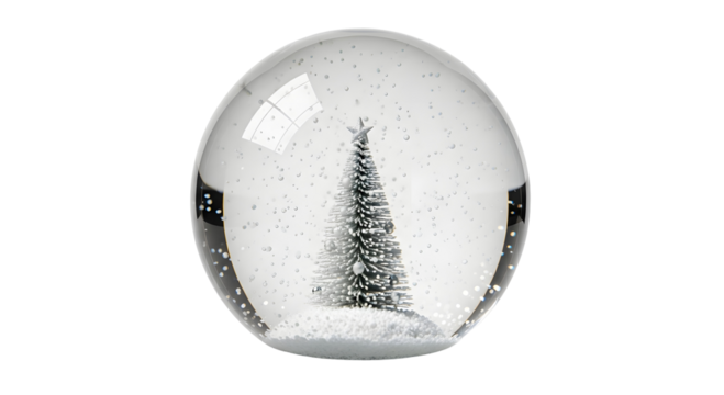 Christmas tree snow globe with sparkling snowflakes inside, a festive holiday decoration on a white background