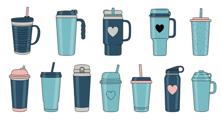 A collection of doodle-style reusable drinkware, including travel mugs, tumblers, and water bottles, in blue and pink hues.