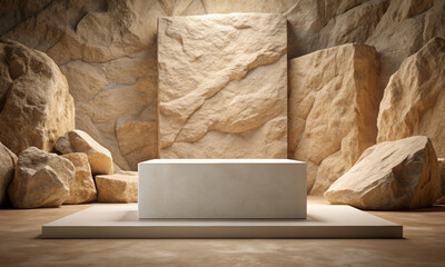 A stone podium surrounded by light stones and the sunshine of nature