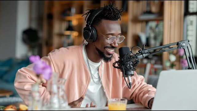 Joyful Content Creator Hosting a Live Podcast Session from Home Studio