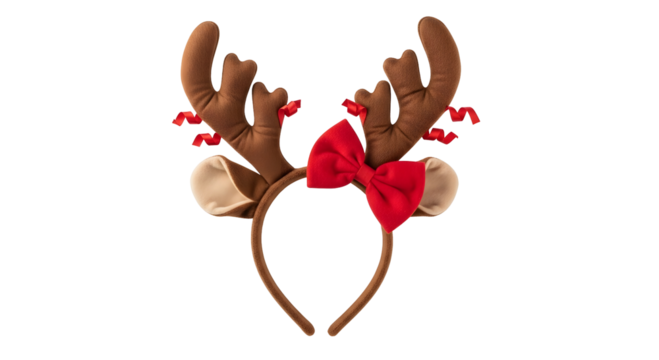 Festive reindeer antler headband with a red bow, perfect for holiday celebrations and Christmas parties
