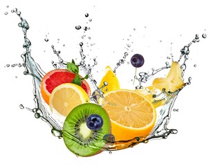 Assortment of fresh fruits splashing into clear water, isolated on a pure white background