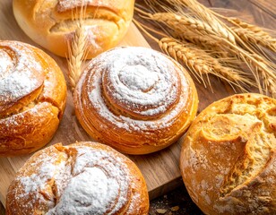 Assortment of fresh baked rolls dusted with sugar, with wheat, on a wood board