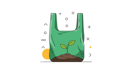 A small green plant sprout grows from rich soil inside a crinkled green plastic bag, symbolizing biodegradability and sustainable eco-friendly alternatives.