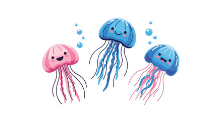 Cute cartoon jellyfish swimming in the ocean with bubbles, depicted in a playful and friendly illustration style.