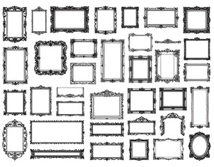 Assorted collection of intricately ornate, Victorian-style picture frames in black silhouette