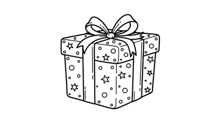 A festive gift box outline with a decorative bow and ribbon, adorned with stars and dots, perfect for a coloring page or design element.
