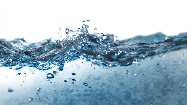 Close-up of water surface with splash and bubbles against a white backdrop, creating a dynamic, fluid visual