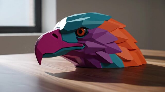 Cinematic Slow Motion Shot of a Colorful Geometric Low-Poly Eagle Head Sculpture on a Table