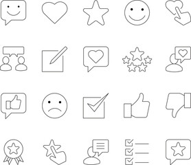 Collection of editable stroke line icons representing feedback and review concepts suitable for digital interfaces and presentations