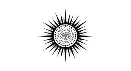 Fototapeta premium Black and white illustration of a rose flower centered in a dotted circle with radiating sharp sun rays, creating a mystical and elegant symbol.