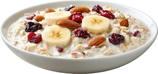 Oatmeal banana almond cranberry milk breakfast bowl with creamy oatmeal and fresh fruit