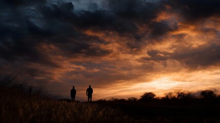 Fototapeta premium Two silhouetted figures stand on a hill against a dramatic fiery sunset sky filled with dark clouds