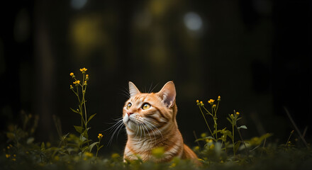 Curious ginger tabby cat with bright eyes, attentive in lush green meadow, surrounded by delicate yellow wildflowers, capturing a serene moment of nature