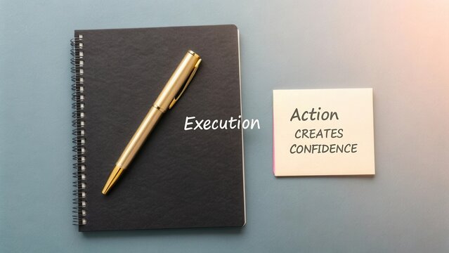 Stylish notebook with pen and motivational notes emphasizing execution and action on a calming background