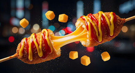 Delicious Corn Dogs A Close-Up View of a Classic Treat with Melted Cheese, Mustard, and Ketchup