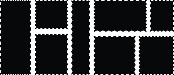 Set of black Zigzag shape set. Set of frames with zigzag edge, scallop edge shape. Black Fabric Swatch. Black zigzag lines on white black background create abstract graphic design.