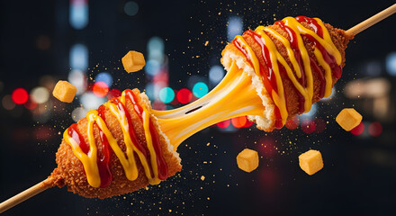 Deliciously stretched cheese oozing from a deep-fried snack, drizzled with ketchup and mustard against a blurred city backdrop