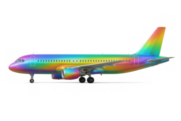 Rainbow airplane flying, a colorful airline passenger jet, iridescence reflecting on contemporary air travel and aviation journey