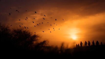 A vibrant sunset illuminates the sky with golden light casting silhouettes of flying birds and a group of people gathered on a hill