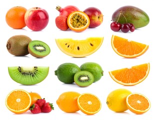Assortment of fruits orange, apple, passion fruit, mango, kiwi, lemon and limes on white
