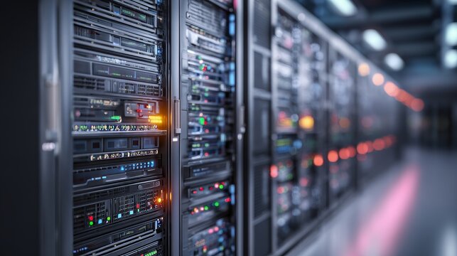 A data center corridor displaying rows of operational servers in racks, with lights and detail