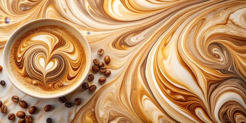 Aromatic Coffee Cup with Swirling Latte Art on a Coffee-Colored Abstract Background