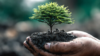 手のひらに乗せた小さな木と土