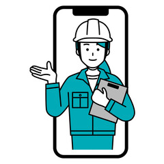 スマホでオンライン相談を受けるヘルメットの作業員の女性