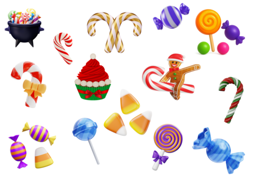 "Colorful Holiday Candy Set with Lollipops, Candy Canes, Cupcake, and Gingerbread on transparent Background