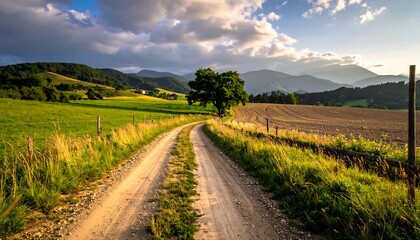 Winding dirt road through vibrant green fields, towards tree and mountains