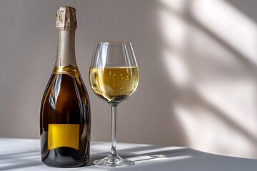 Elegant Champagne Bottle with Glass Against Soft Light Background