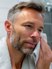 Man Cleanses Face with Towel in Modern Bathroom Setting After Grooming Routine