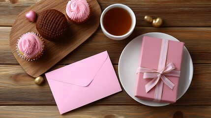 Sweet Treats and Gifts on Wooden Table with Cup of Tea and Pink Envelope