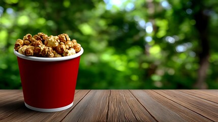 Freshly Popped Popcorn in Red Cup on Wooden Table Against Blurred Green Background