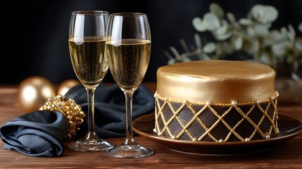 Elegant Cake and Sparkling Wine Glasses for Celebratory Occasion Display