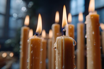 Warm Candlelight Glow with Melting Wax and Gentle Flame in Moody Background Setting