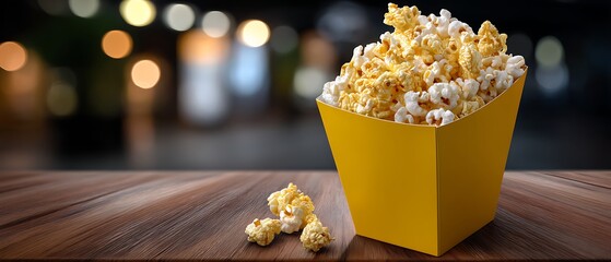 Freshly Popped Popcorn in Yellow Box on Wooden Table with Blurred Background