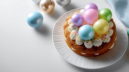Colorful Easter Cake with Cream Frosting and Decorative Eggs on White Plate