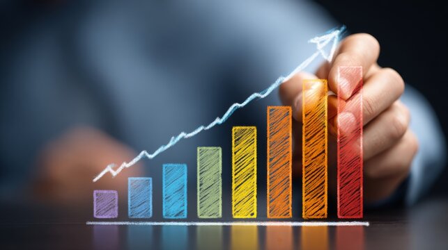 A hand draws a growing arrow over a multicolored bar graph, symbolizing positive business or financial growth