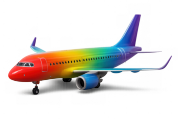 Rainbow airplane standing on ground representing diversity, travel, and inclusivity with a transparent background